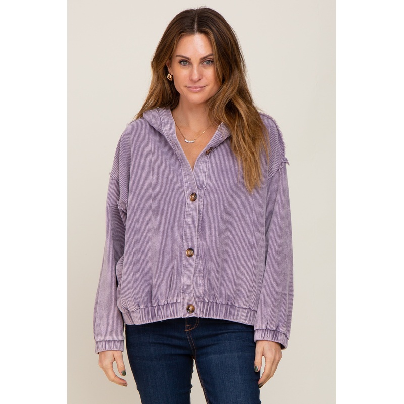 Lavender Corduroy Button Up Hooded Jacket