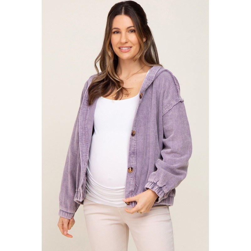 Lavender Corduroy Button Up Hooded Maternity Jacket