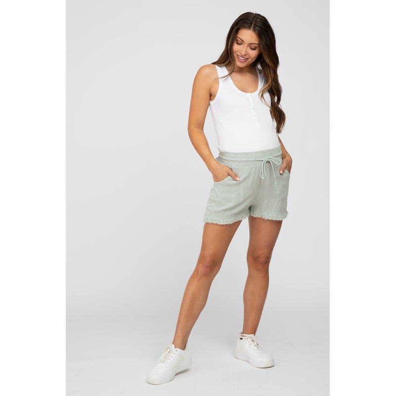 Light Olive Linen Fringe Hem Drawstring Maternity Shorts
