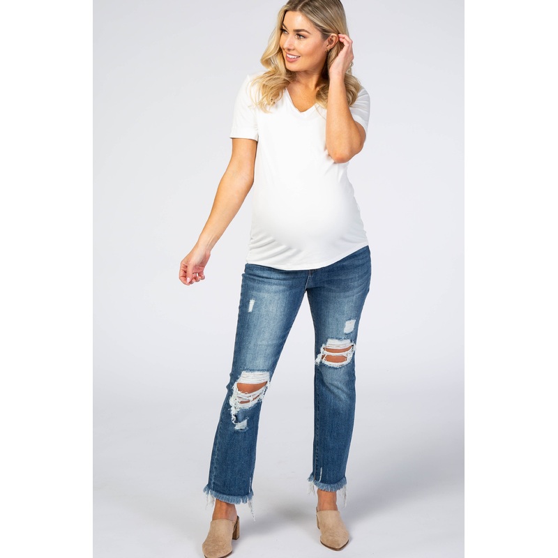 Medium Wash Distressed Frayed Hem Maternity Jeans