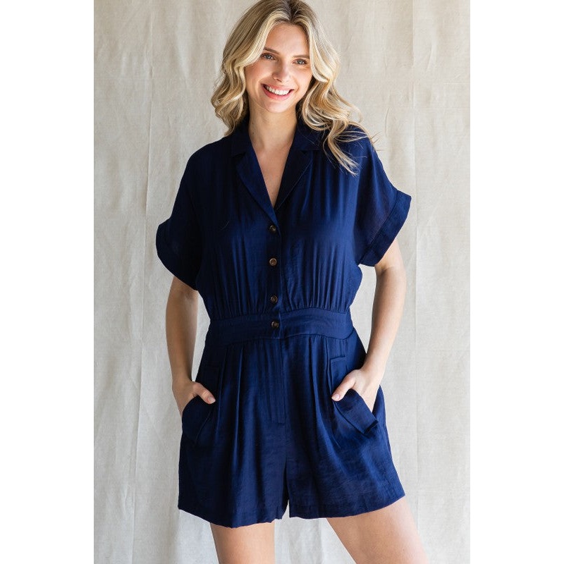 Navy Solid Button-Up Romper