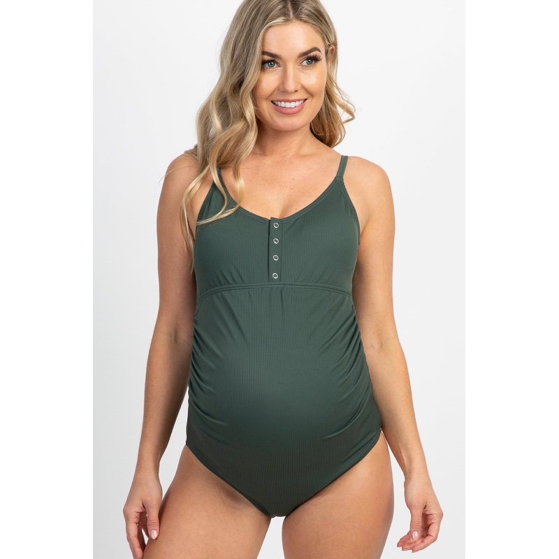 PinkBlush Green Ribbed Snap Front One-Piece Maternity Swimsuit