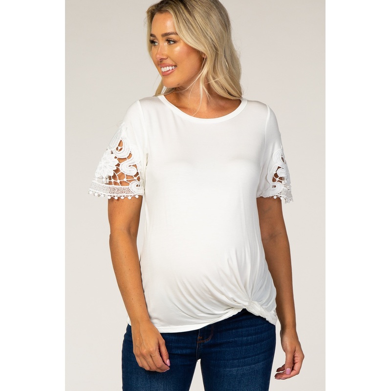 White Crochet Sleeve Knotted Hem Maternity Top