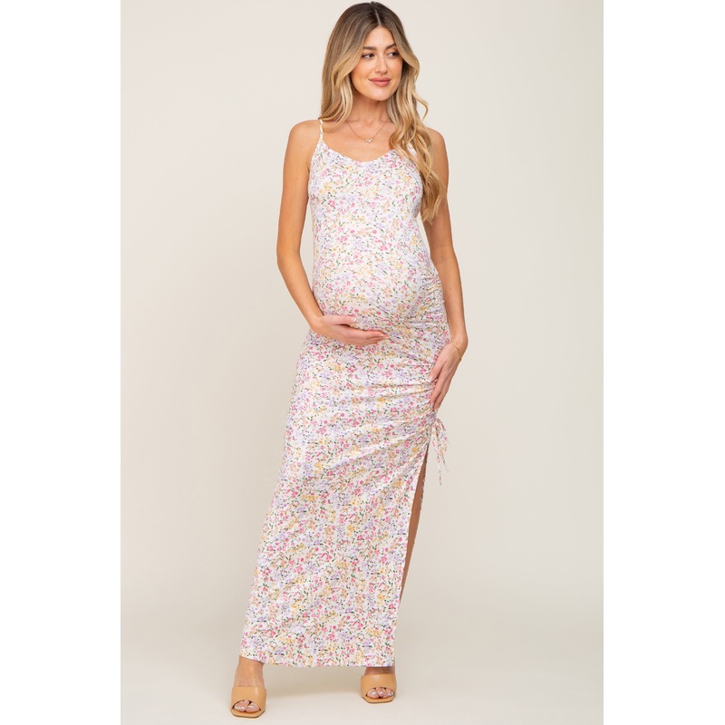 White Floral Side Slit Ruched Maternity Maxi Dress