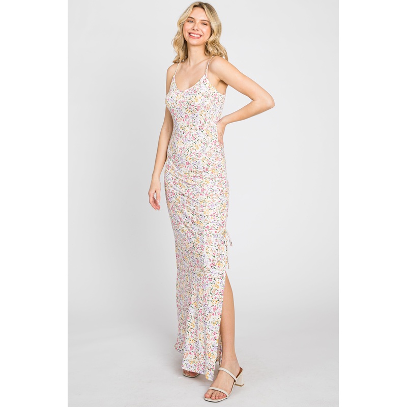 White Floral Side Slit Ruched Maxi Dress