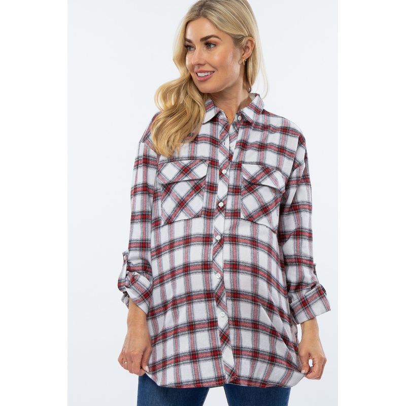 White Plaid Maternity Flannel Maternity Top