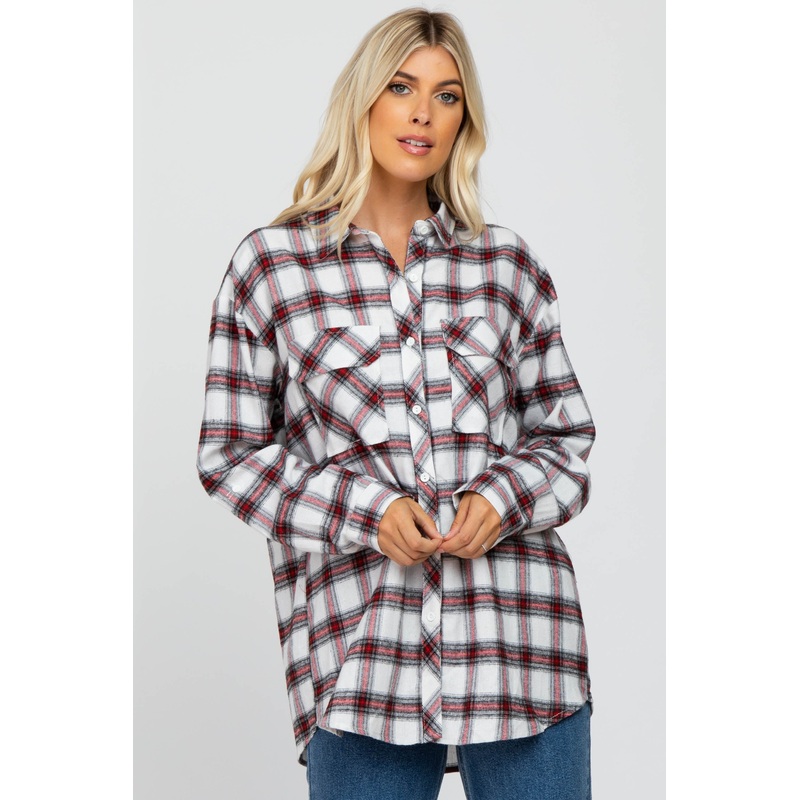 White Plaid Maternity Flannel Top