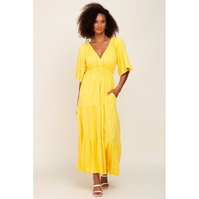 Yellow Deep V-Neck Tiered Maxi Dress