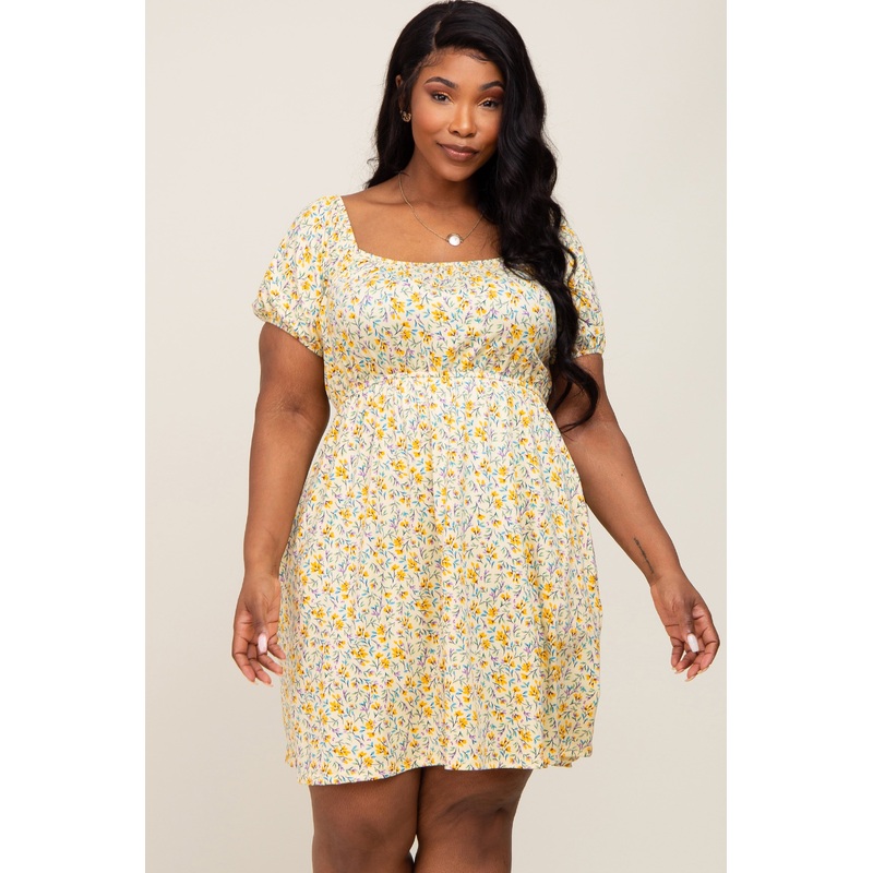 Yellow Floral Short Puff Sleeve Dress