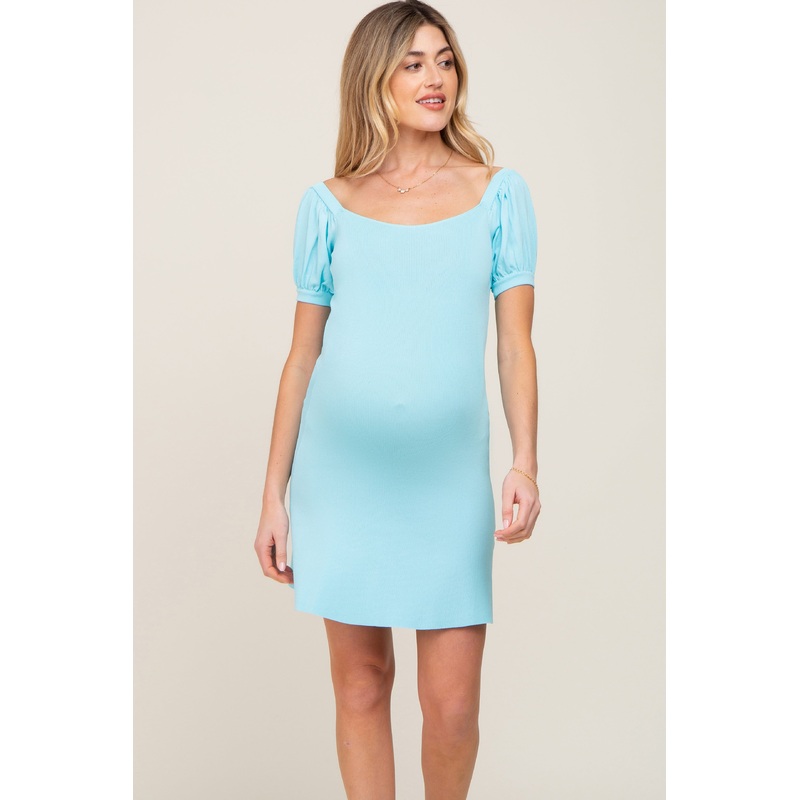 Aqua Rib Knit Off Shoulder Puff Sleeve Maternity Dress