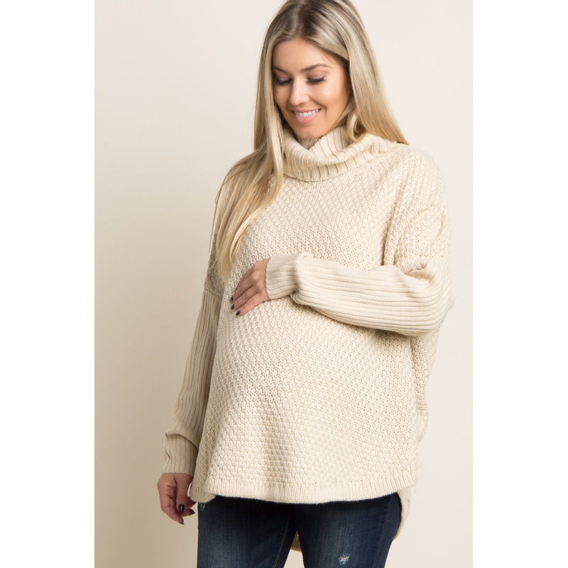 Beige Cowl Neck Knit Maternity Sweater