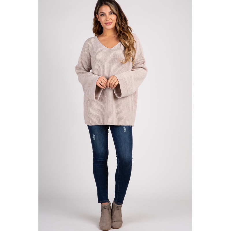 Beige Knit Bell Sleeve Sweater