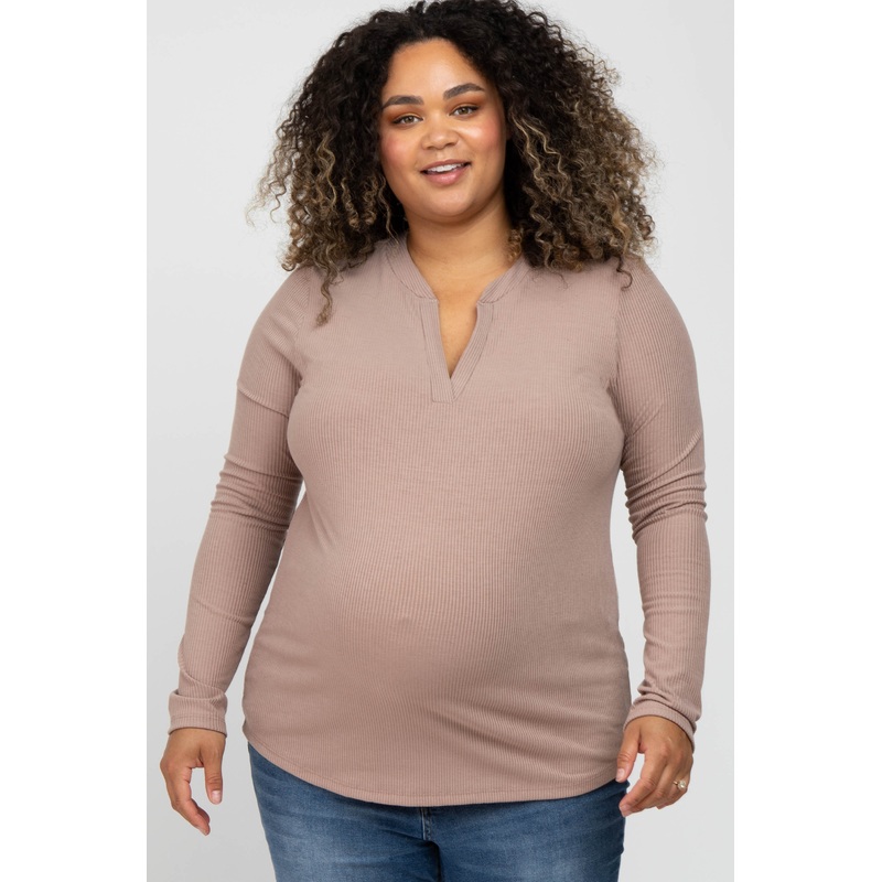 Beige Ribbed Split Collar Maternity Plus Top