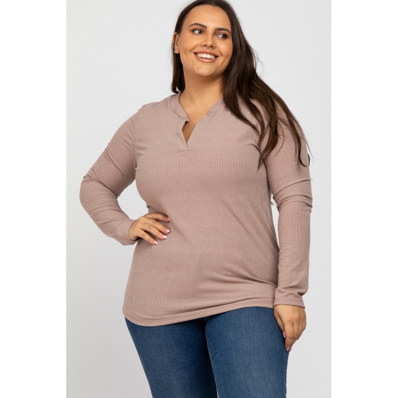 Beige Ribbed Split Collar Plus Top