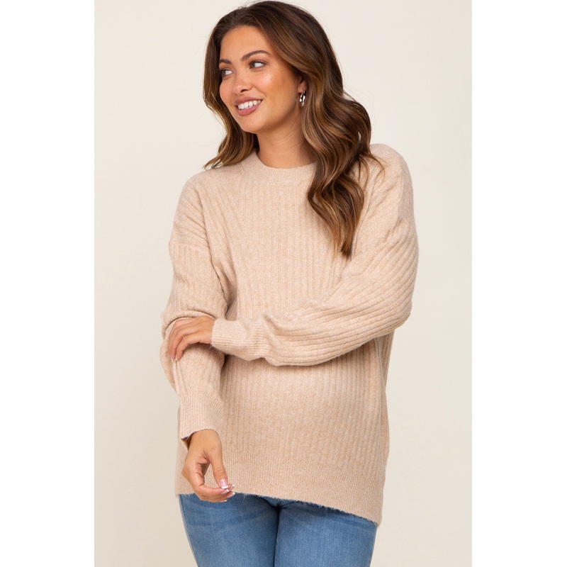 Beige Soft Rib Knit Maternity Sweater