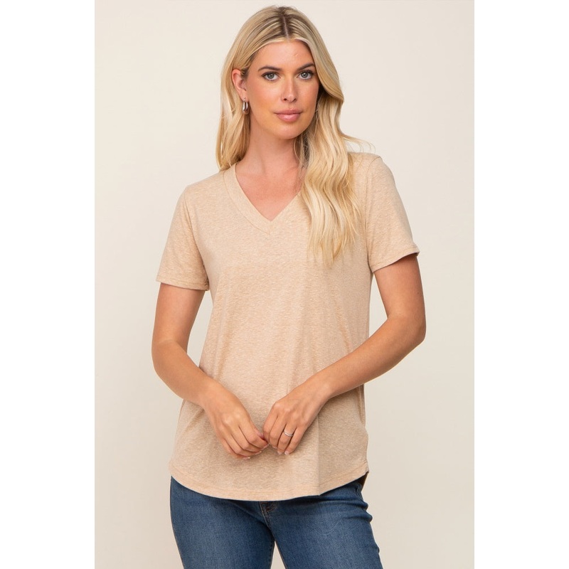 Beige V-Neck Short Sleeve Tee