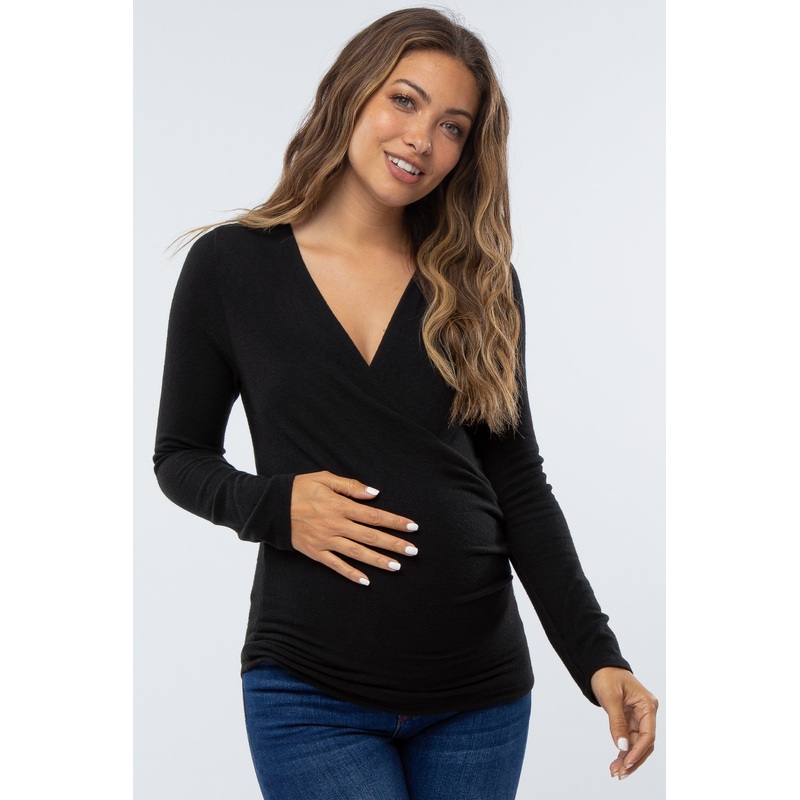 Black Brushed Knit Wrap Front Maternity Top