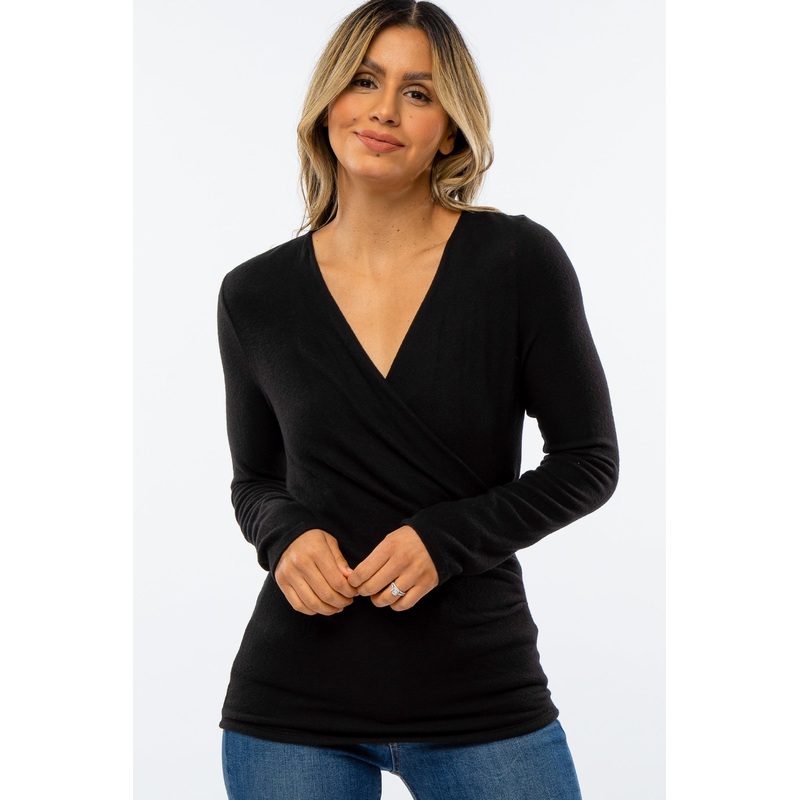 Black Brushed Knit Wrap Front Top