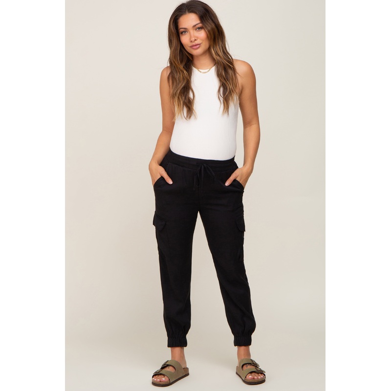Black Drawstring Cargo Maternity Pants