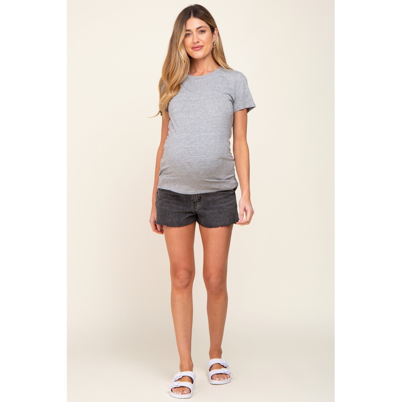 Black Vintage Wash Raw Hem Maternity Shorts