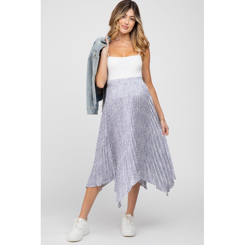 Blue Ditsy Floral Pleated Maternity Handkerchief Skirt