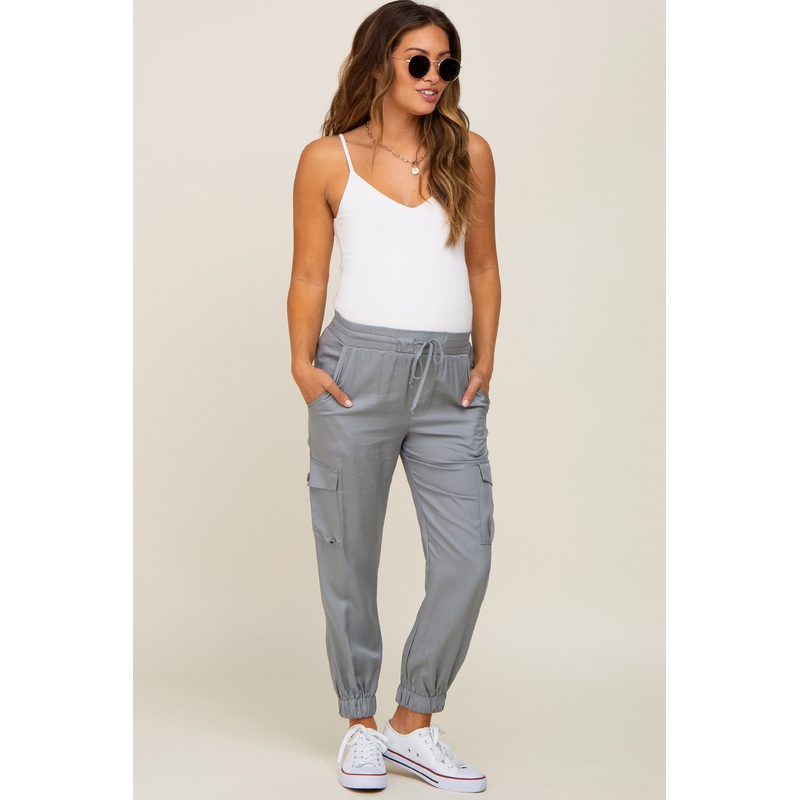 Grey Drawstring Cargo Maternity Pants