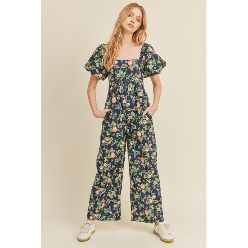 Navy Floral Floral Wide Leg Puff Sleeve Jumpsuit
