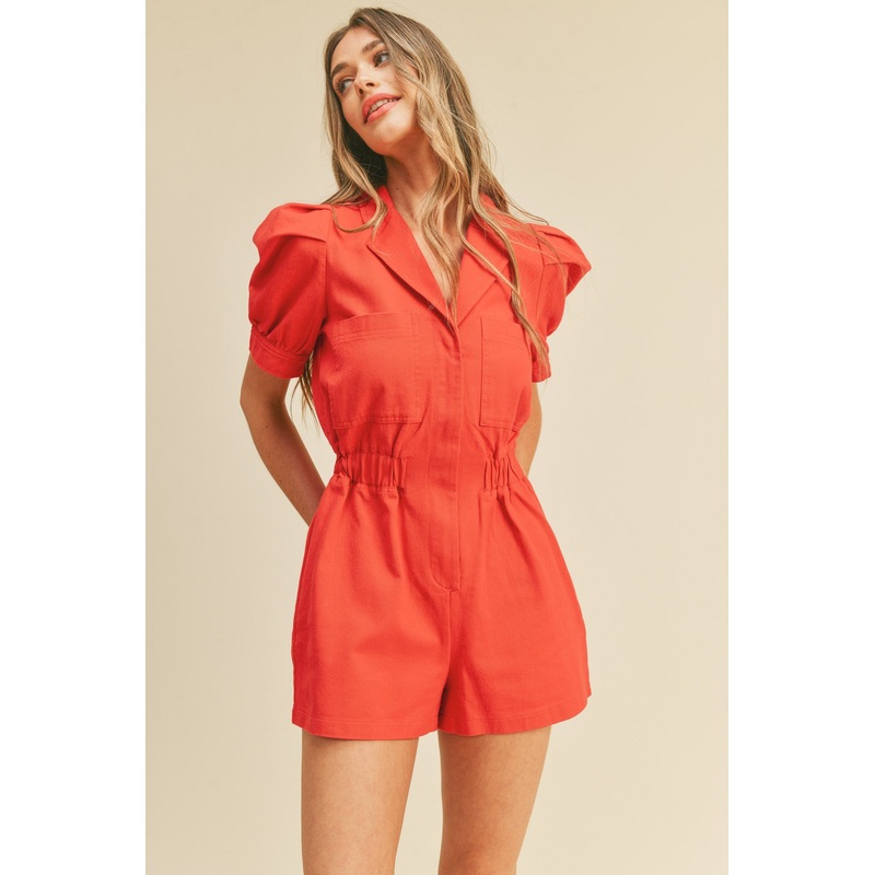 Red Puff Sleeve Denim Romper