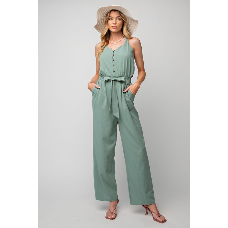Sage Green Soft Washed Twill Button Down Jumpsuit