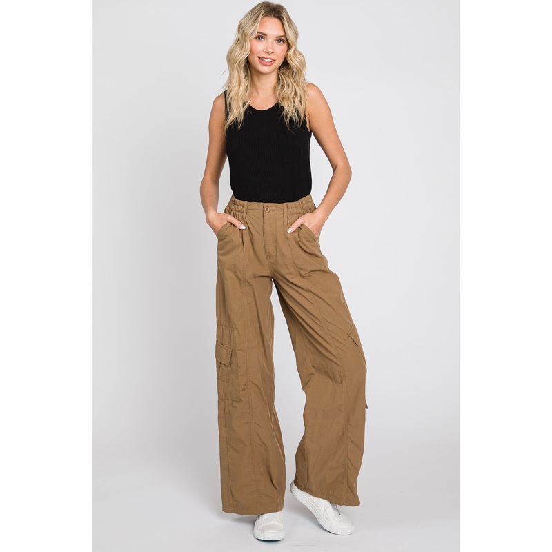 Taupe Cargo Elastic Waist Pants