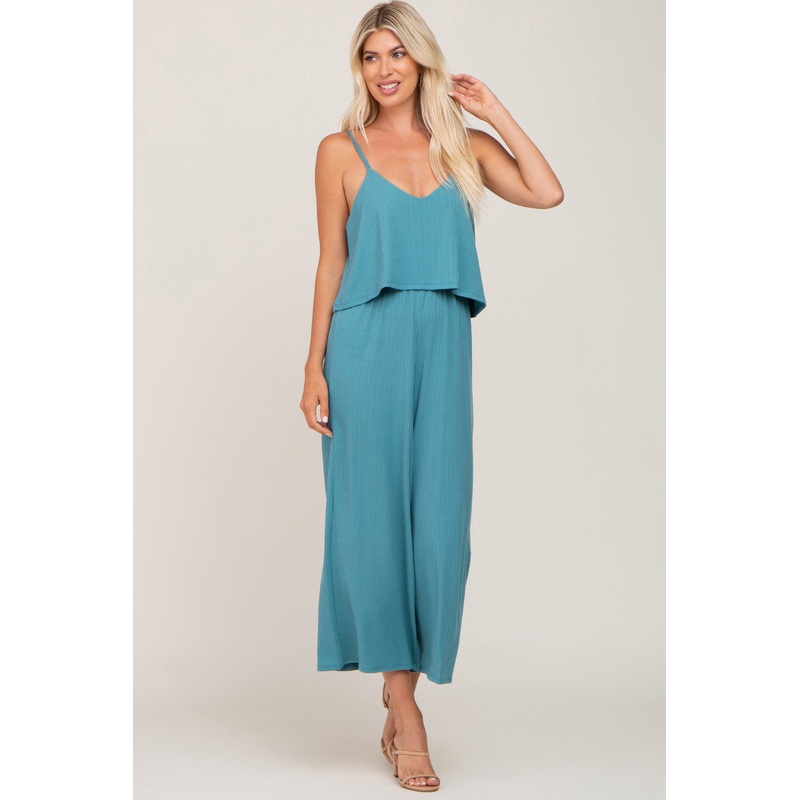 Teal Ribbed Double Layer Cropped Jumpsuit