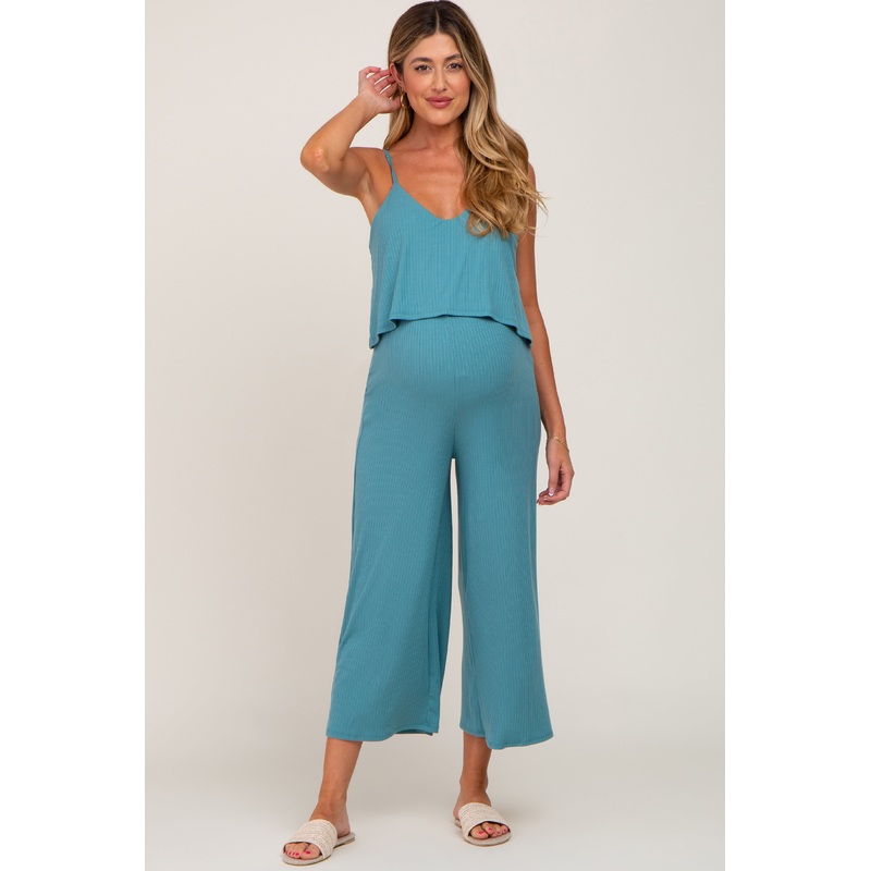 Teal Ribbed Double Layer Cropped Maternity Jumpsuit