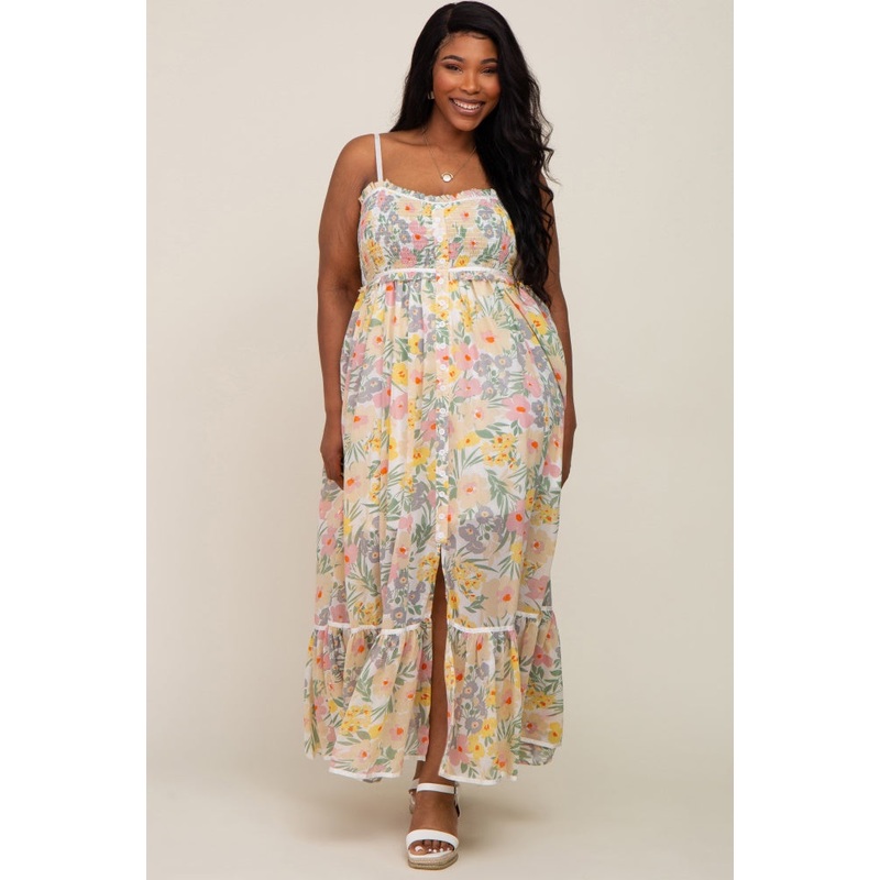 White Floral Sleeveless Button Down Plus Maxi Dress