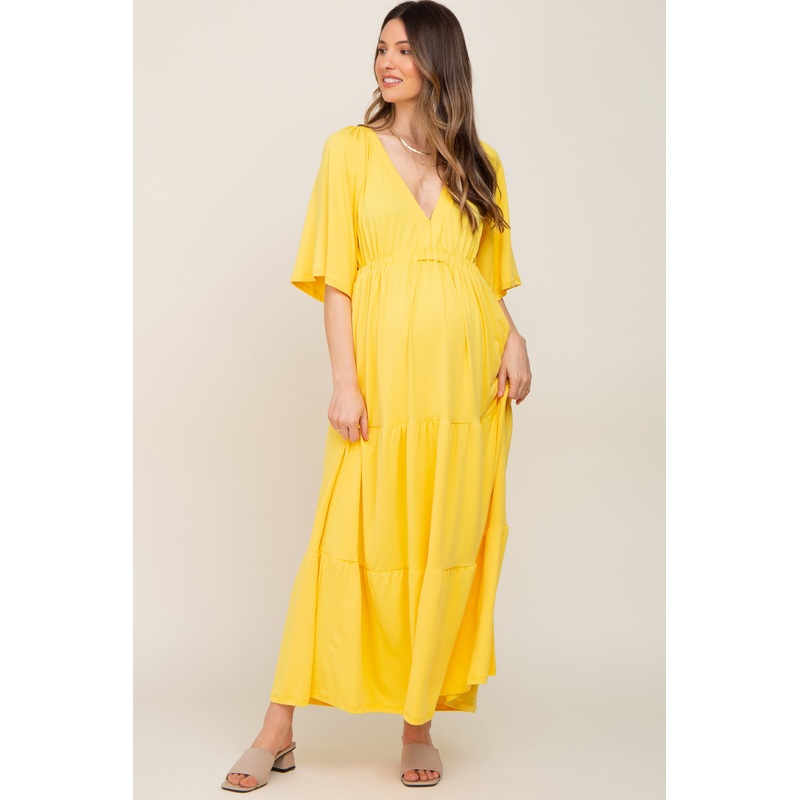 Yellow Deep V-Neck Tiered Maternity Maxi Dress