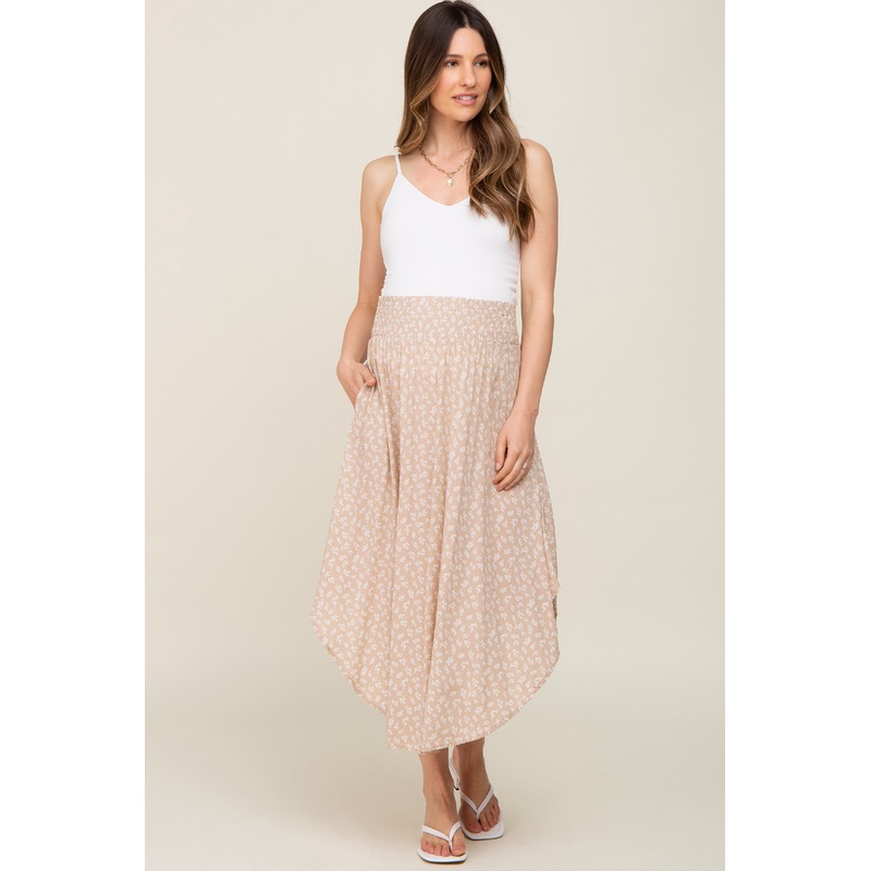 Beige Leaf Print Smocked Maternity Midi Skirt