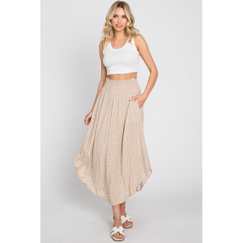 Beige Leaf Print Smocked Midi Skirt
