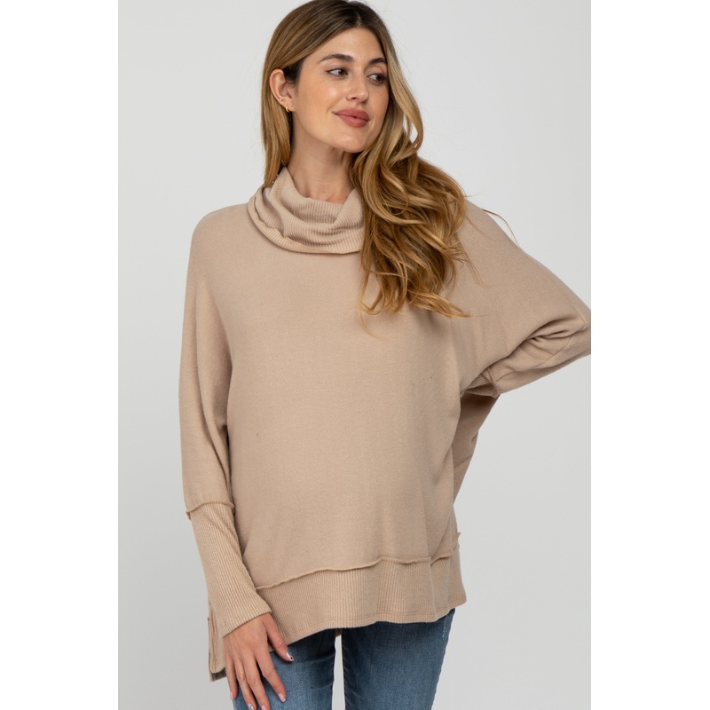 Beige Soft Knit Dolman Sleeve Cowl Neck Maternity Top