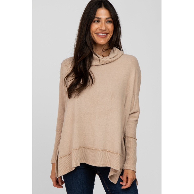 Beige Soft Knit Dolman Sleeve Cowl Neck Top