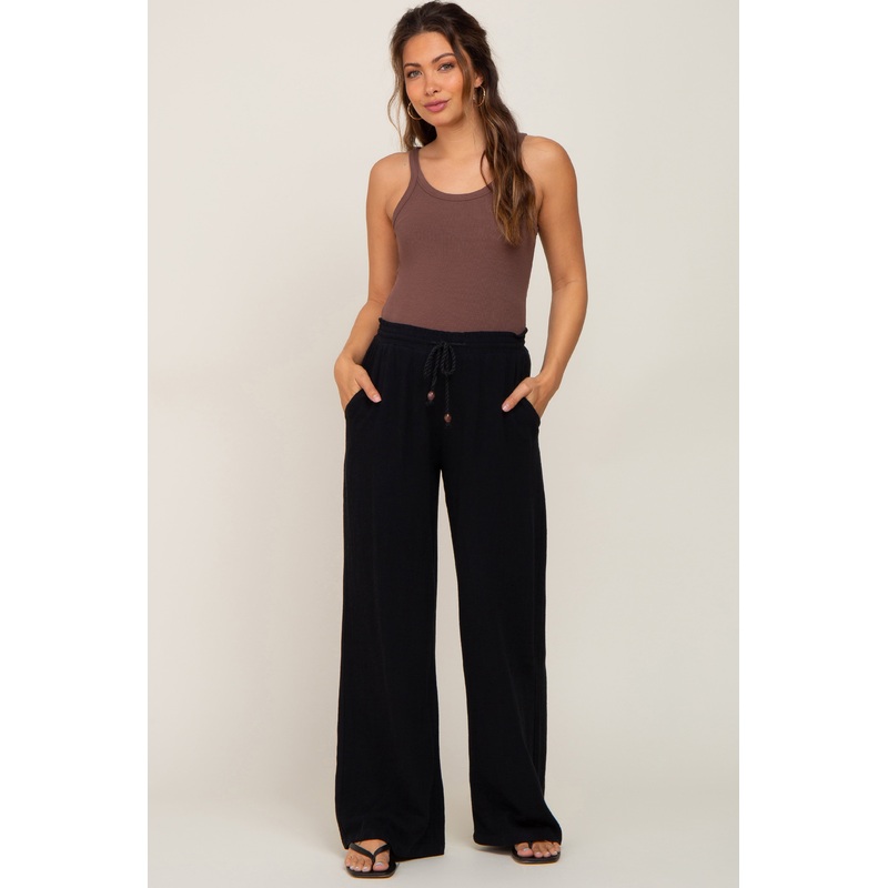 Black Smocked Waist Wide Leg Maternity Pants