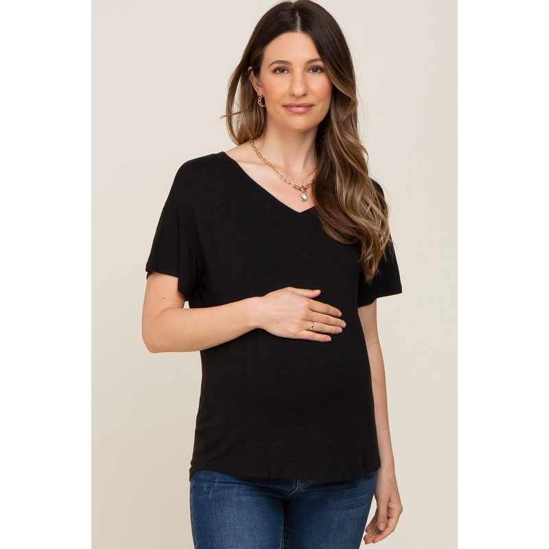 Black V-Neck Basic Maternity Top