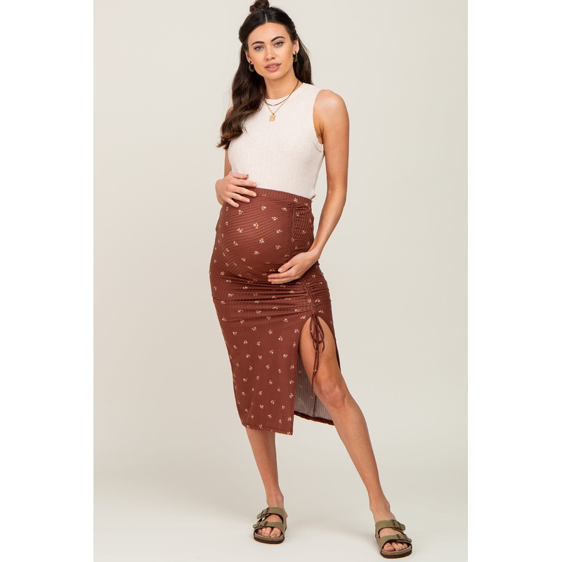 Brown Ditsy Floral Ruched Side Slit Maternity Skirt