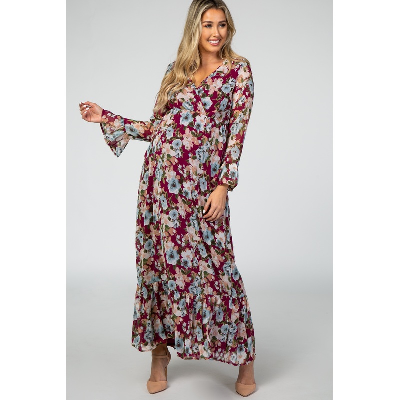 Burgundy Floral Chiffon Wrap Ruffle Maternity Maxi Dress
