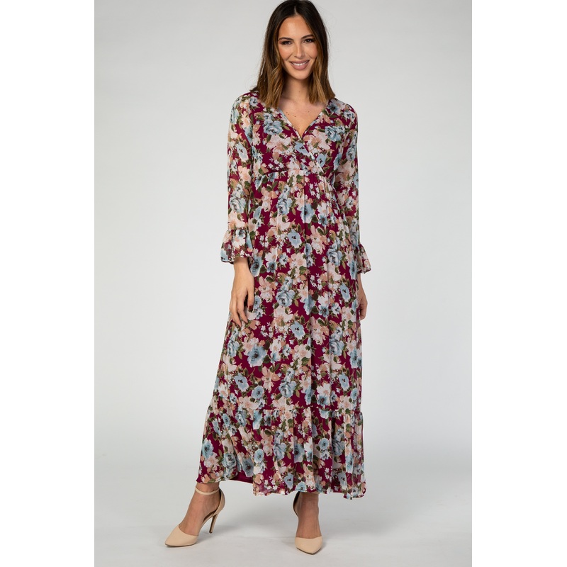 Burgundy Floral Chiffon Wrap Ruffle Maxi Dress