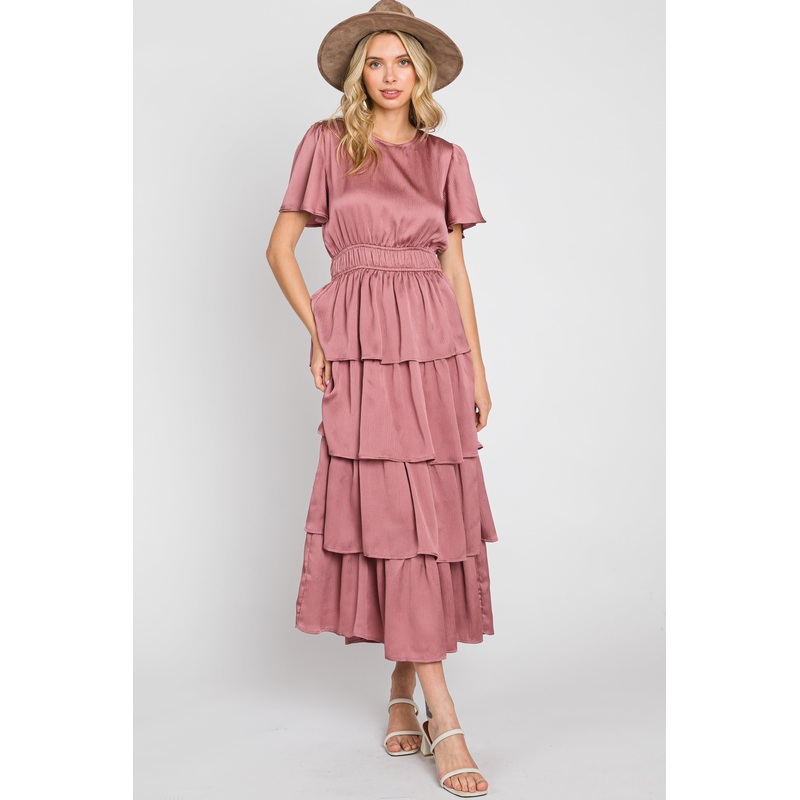 Mauve Textured Satin Ruffle Tiered Maxi Dress