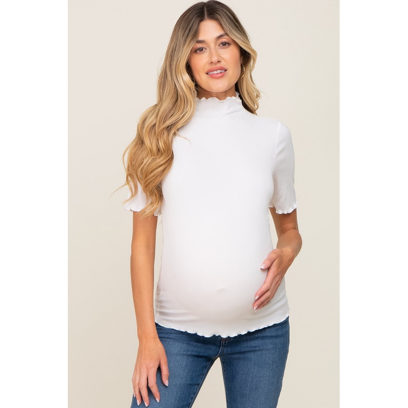 White Fitted Lettuce Trim Maternity Top