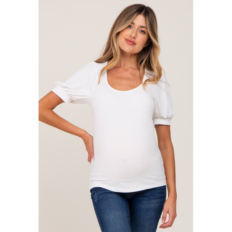 White Ribbed Puff Sleeve Maternity Top