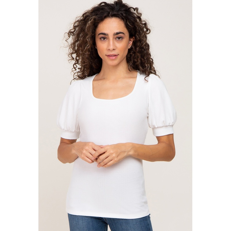 White Ribbed Puff Sleeve Top